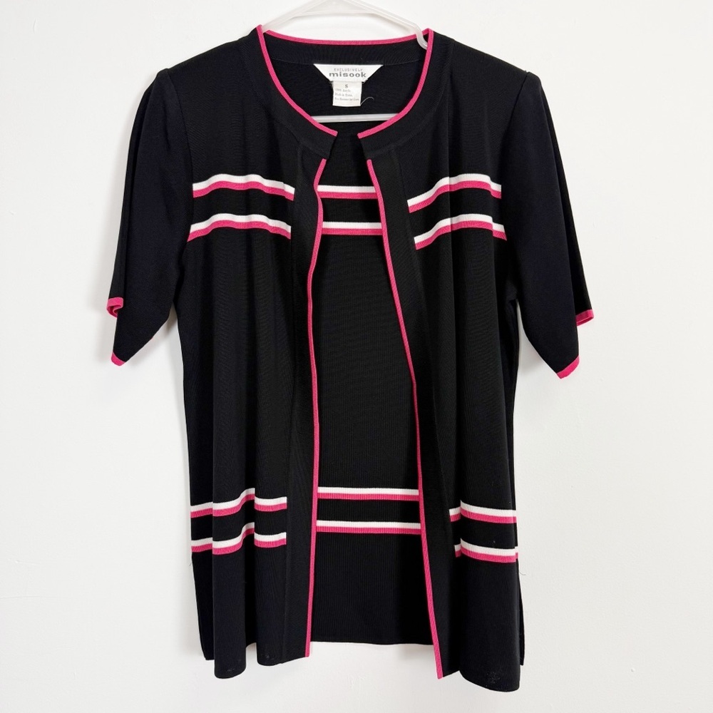 Exclusively Misook Cardigan Sweater Womens Small Black Pink Knit Short Sleeve